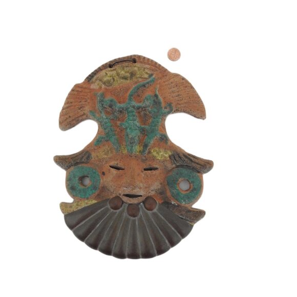Aztec Mayan Warrior Terracotta Clay Wall Mask Alligators Brass Beard 10" Mexico - Picture 2 of 11